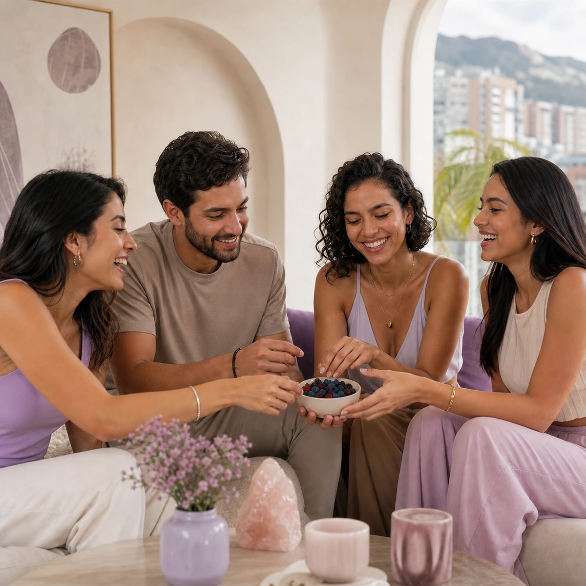 Cuatro amistades sonrientes compartiendo un bowl de gummies en una sala luminosa