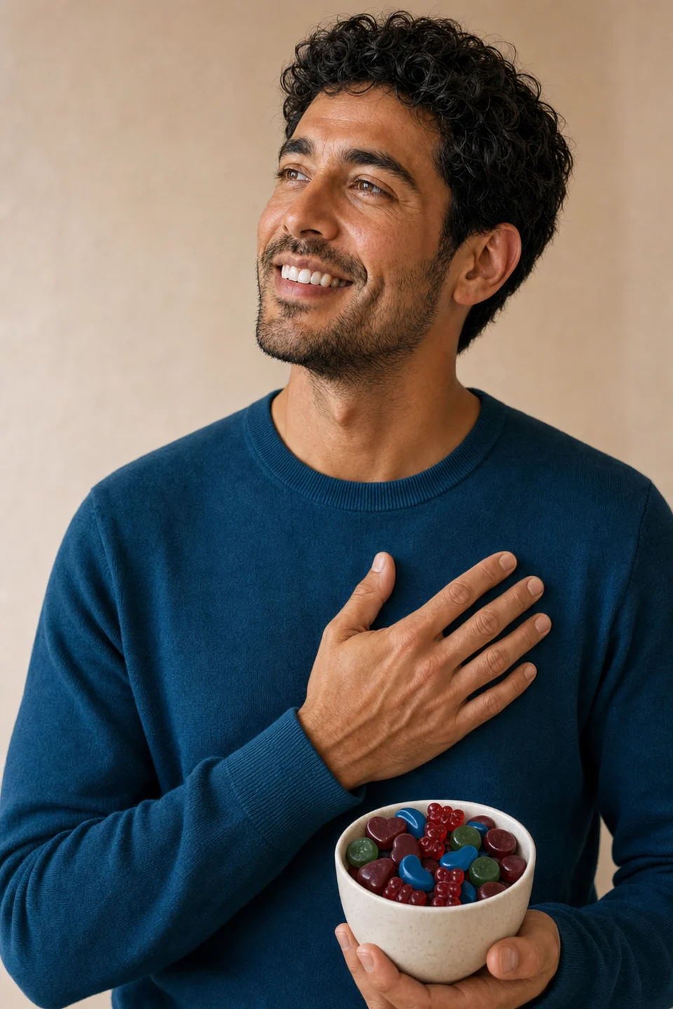 Hombre joven sonriente sosteniendo una taza con ositos rojos, medias lunas azules, discos rojos y verdes y corazones borgoña de gummy